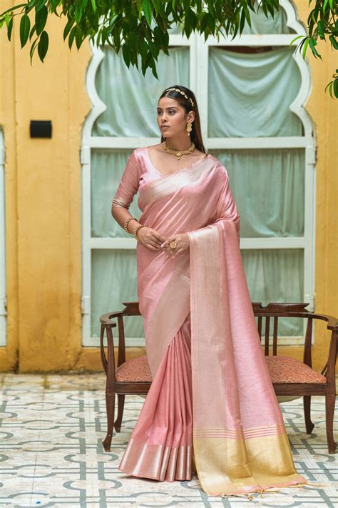 Baby Pink Color Soft Linen Silk Saree With Zari Weaving Work