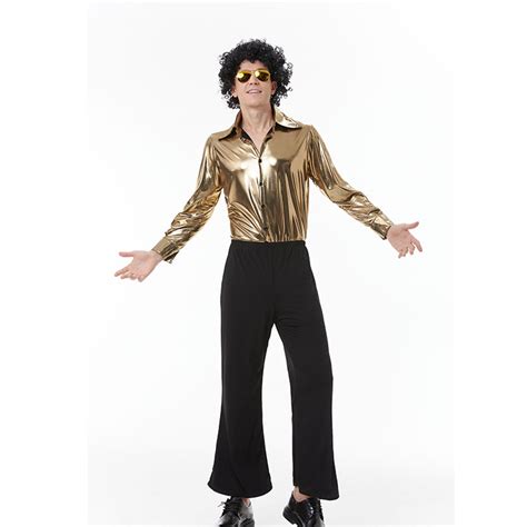 Golden Men S 70s Disco Dancing King Shiny Shirt Bell Bottoms Outfit