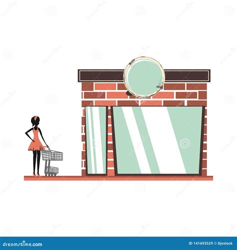 Woman Silhouette With Shopping Cart In Store Facade Stock Vector