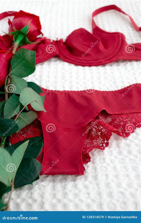 Ropa Interior Roja En El Fondo Blanco Con Las Flores Imagen De Archivo Imagen De Bikini