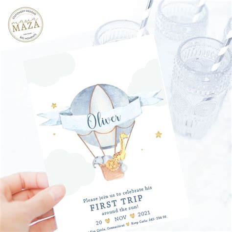 Hot Air Balloon Invitation Boy First Trip Around The Sun Birthday Hot Air Balloon Baby Shower