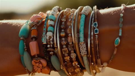 Beautiful Female Hand Wearing A Lot Of Boho Style Bracelets Stock