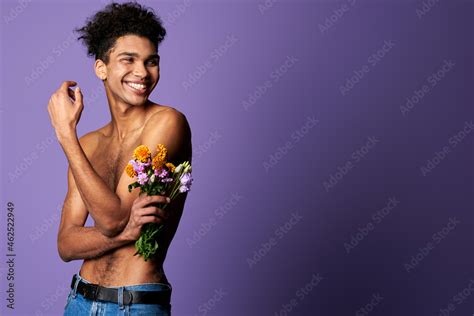 Smiling Muscular Transgender Model With Bouquet Portrait Nude Torso