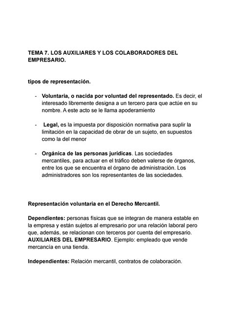 Derecho Mercantil TEMA 7 TEMA 7 LOS AUXILIARES Y LOS COLABORADORES