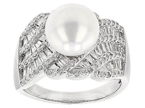 White Cultured Freshwater Pearl White Diamond Rhodium Over Sterling