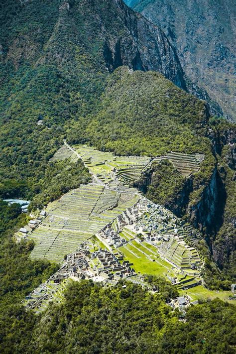 Vertical Aerial View Of The Historic Machu Picchu In Peru Stock Image