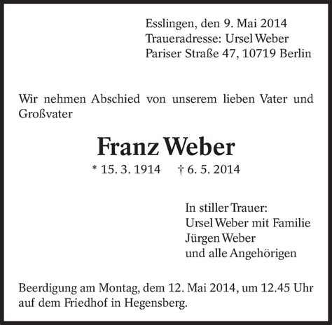 Traueranzeigen Von Franz Weber Zeit Des Gedenkens De