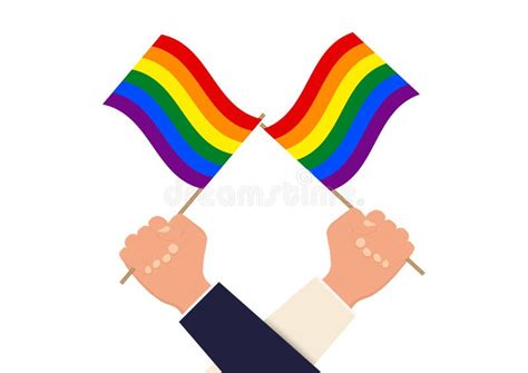 Hands Holding And Raising Rainbow Colored Lgbt Flag Stock Vector