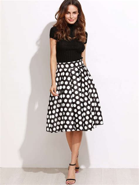 Black Polka Dot Print Box Pleated Skirt Shein Sheinside