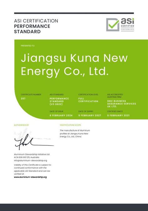 Asi Certifies Jiangsu Kuna New Energy Co Ltd Against Performance