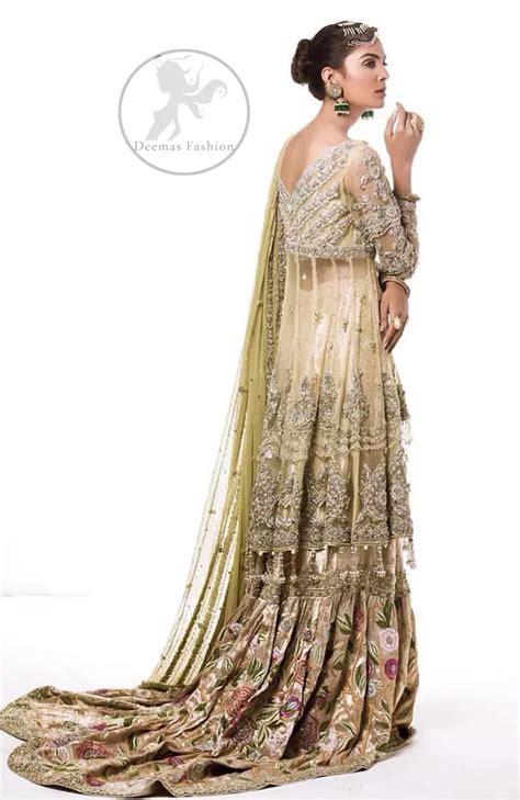 Mehndi Green Frock Peach Gharara Dupatta