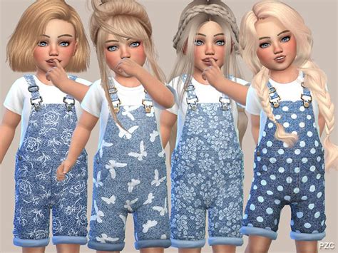 Lana Cc Finds Denim Floral Overalls For Toddler Girls Sims 4 Cc