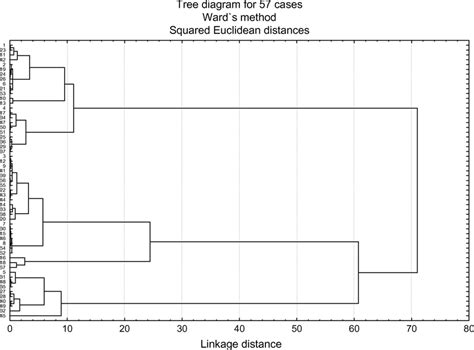 Dendrogram of cluster analysis.Note: 1 to 57 represent codes for firms ...