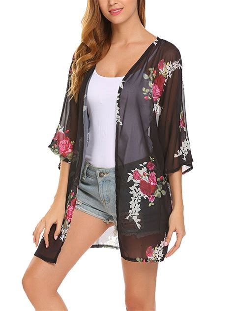 Womens Floral Print Sheer Chiffon Kimono Cardigan Blouse Loose Beach Cover Up Black