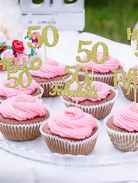 12 Pcs Glitter 50th Birthday Cupcake Toppers Hello 50 Fifty Cake