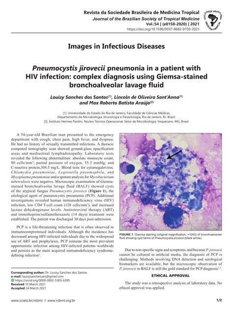 Pdf Pneumocystis Jirovecii Pneumonia In A Patient With Hiv Infection Complex Diagnosis Using