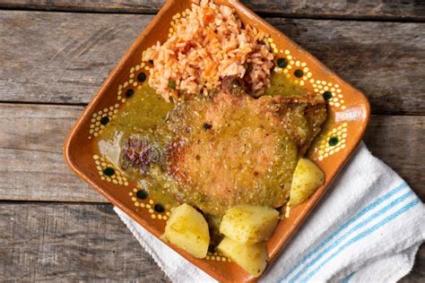 Mexican Smoked Pork Chops With Green Sauce And Rice Stock Image Image