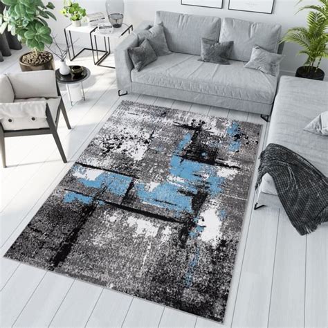 TAPISO Tapis Salon Poil Court Maya Bleu Noir Gris Blanc Abstrait