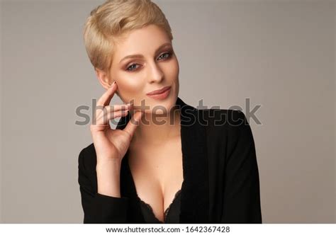 Sexy Blonde Woman Short Hair Smiling Stock Photo 1642367428 Shutterstock
