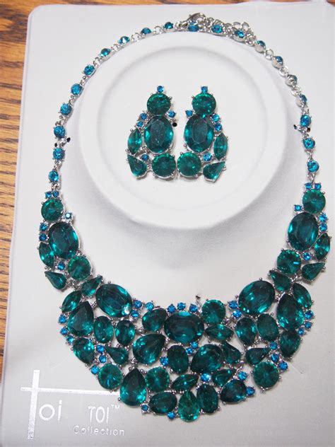 Chunky Teal Blue Crystal Rhinestone Statement Bib Necklace Earring Set Bridal Prom