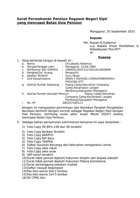 Surat Permohonan Pensiun Pegawai Negeri Sipil Bapak Pj U Kepala