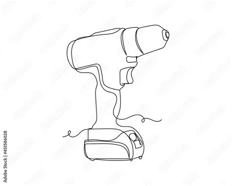 Continuous One Line Drawing Of Cordless Drill In Silhouette On A White