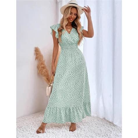 Femme D été Robe Longue à Pois Wrap Col en V Manches Courtes Ceinture à