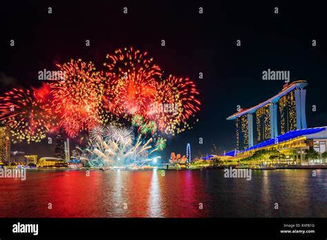 Singapore, Singapore - FEBRUARY 2, 2019: Fireworks show celebrating the ...