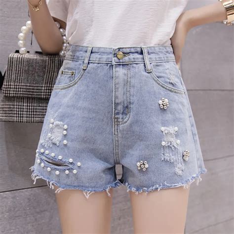 High Waist Denim Shorts Women Summer 2018 New Fashion Pearl Beading