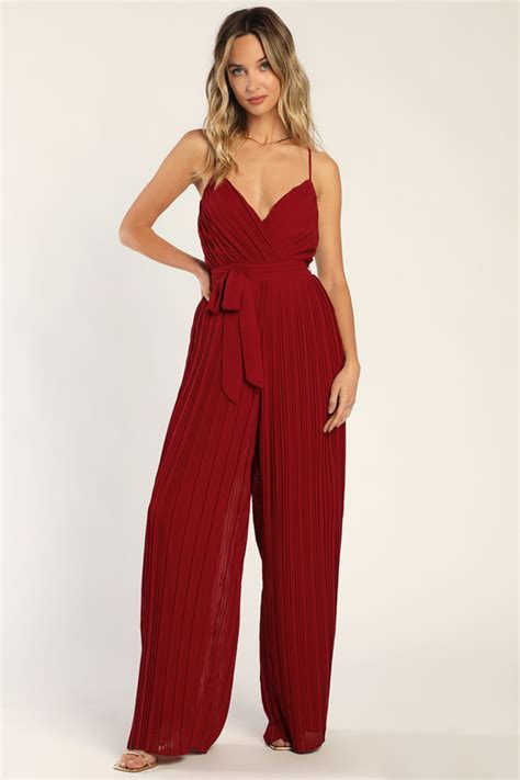 Wine Red Jumpsuit Pleated Jumpsuit Belted Jumpsuit Lulus