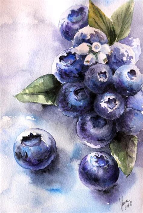 Blueberry Themed Art Print Watercolor Flower Art Food Art Painting