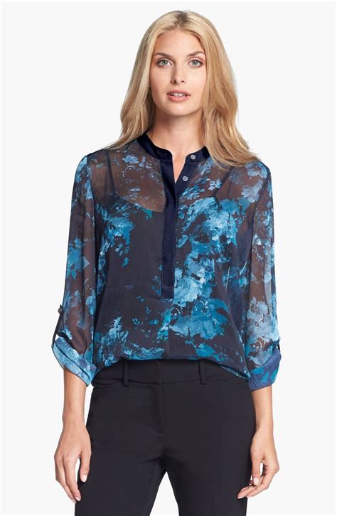 Adrianna Papell Band Collar Print Chiffon Blouse Nordstrom