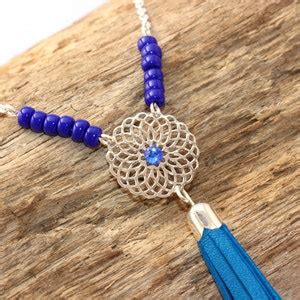 Long Necklace Genuine Electric Blue Leather Tassel Leather Fringes