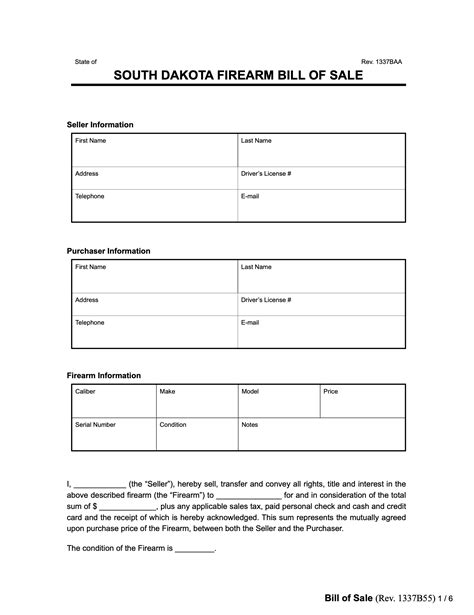 Free South Dakota Firearm Bill Of Sale Form Pdf And Word