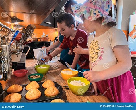 Children Baking Cupcakes, Preparing Ingredients, Decorating Cookies Stock Image - Image of ...