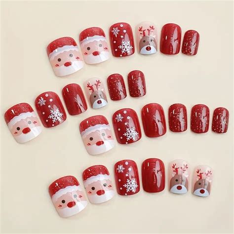 Christmas Press On Nails Cute Santa Design Short Square Removable Reusable Press On Manicure