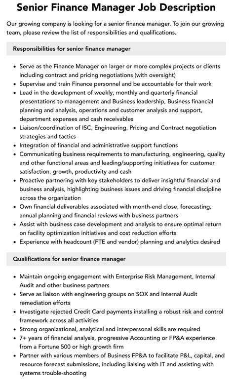 Senior Finance Manager Job Description Velvet Jobs