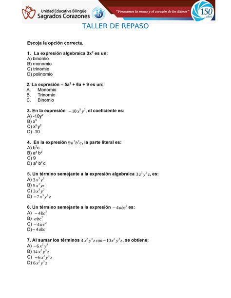 Taller de repaso TALLER DE REPASO Escoja la opción correcta La