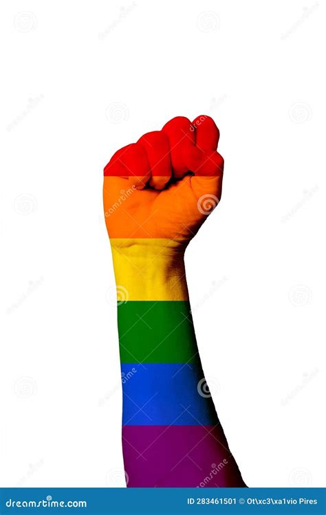 Vertical Shot Of The Gay Pride Rainbow Flag Painted On Human Raised Fist Stock Image Image Of