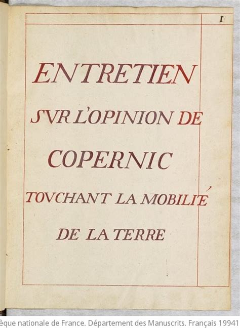 Entretien Sur L Opinion De Copernic Touchant La Mobilit De La Terre