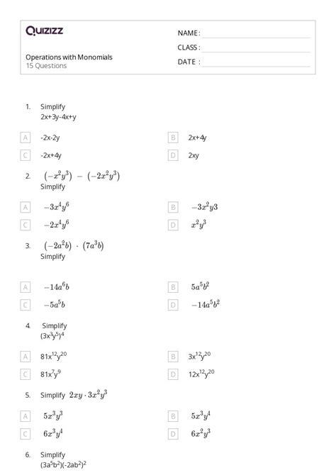 50 Monomials Operations Worksheets On Quizizz Free And Printable