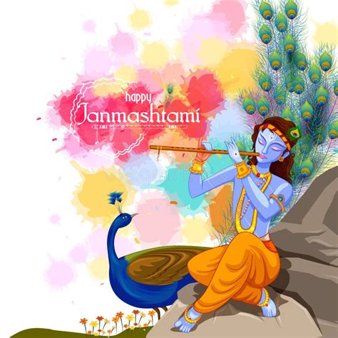 God Krishna Playing Flute On Happy Janmashtami Festival Background Of