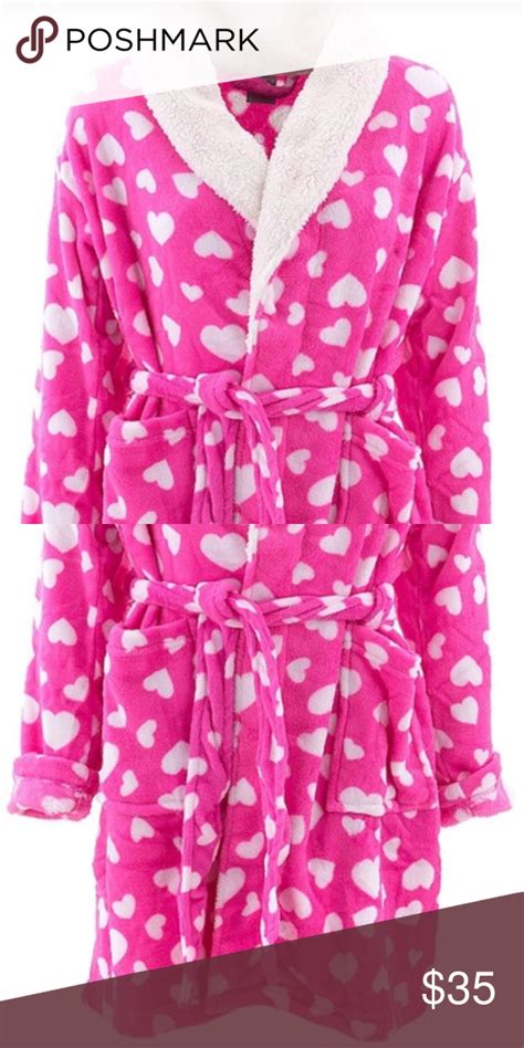 Nwt Womens Pink With White Hearts Bath Robe This Super Soft Bath Robe