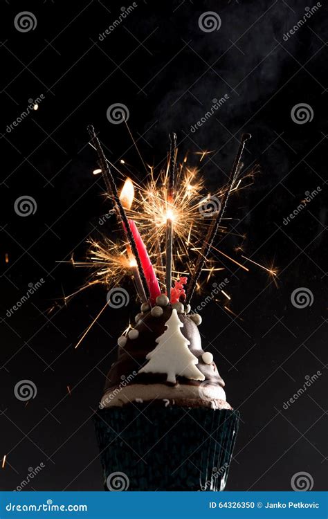 Cup Cake With Firework And Birthday Candles Stock Photo Image Of