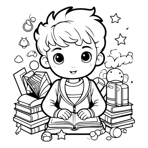 Premium Vector | Black and white cartoon illustration of kid reading a ...