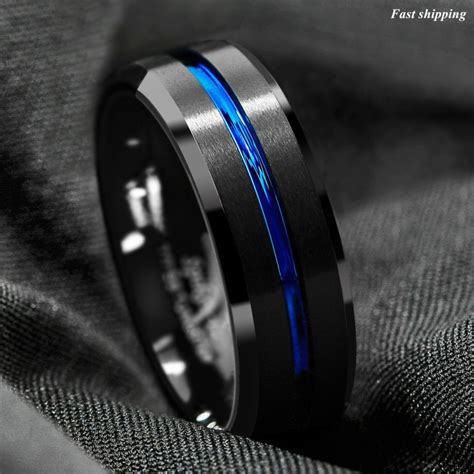 8mm Brushed Black Tungsten Carbide Band Ring Blue Line Bridal Atop Mens Jewelryatop Ring