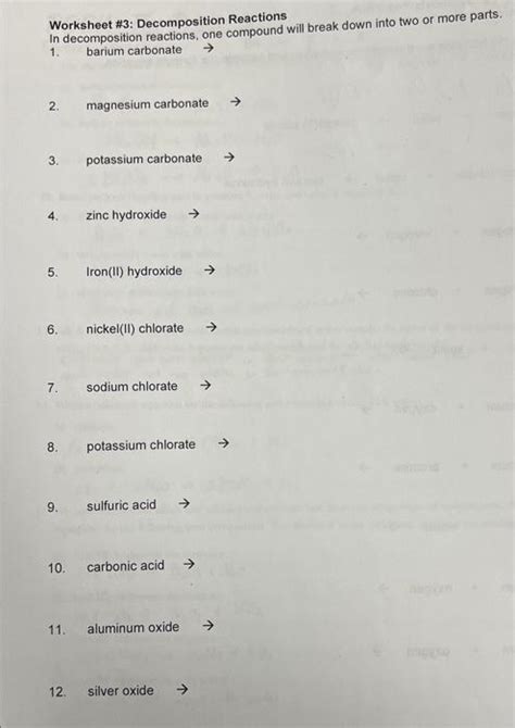 Solved Worksheet 3 Decomposition Reactions In