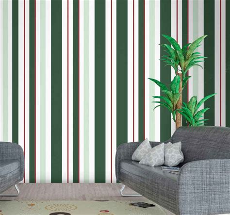 Wide green stripes with red and white Striped Wallpaper - TenStickers