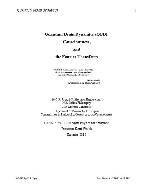 (PDF) Quantum Brain Dynamics (QBD), Consciousness, and the Fourier ...