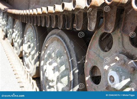 Tank Track View Of The Front Part Of The Green Caterpillar Of The Tank